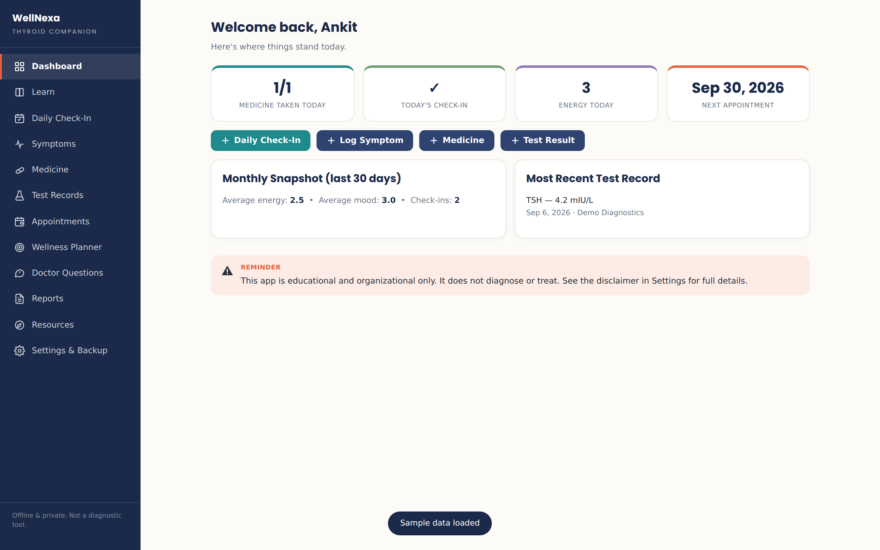A screenshot of a digital wellness dashboard interface named 'WellNeva', showing a welcome screen with user stats, check-in status, energy count, and recent test results on a light background with a dark blue sidebar.