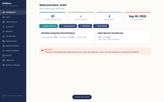 A screenshot of a digital wellness dashboard interface named 'WellNeva', showing a welcome screen with user stats, check-in status, energy count, and recent test results on a light background with a dark blue sidebar.