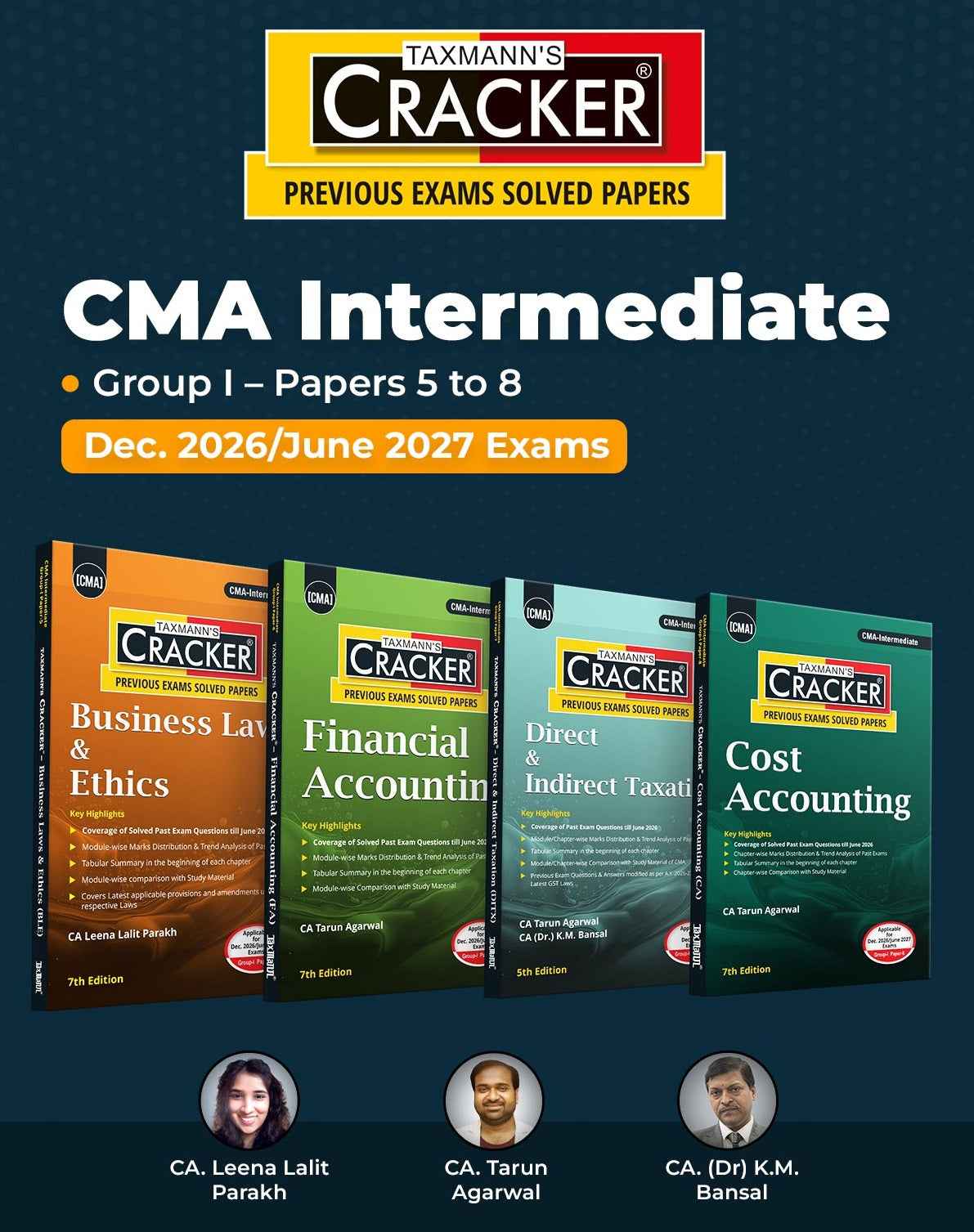 Taxmann Cracker Combo Papers 5 to 8 (Law/BLE, FA, DITX/DT & IDT, and CA) Set of 4 Books for CMA Intermediate