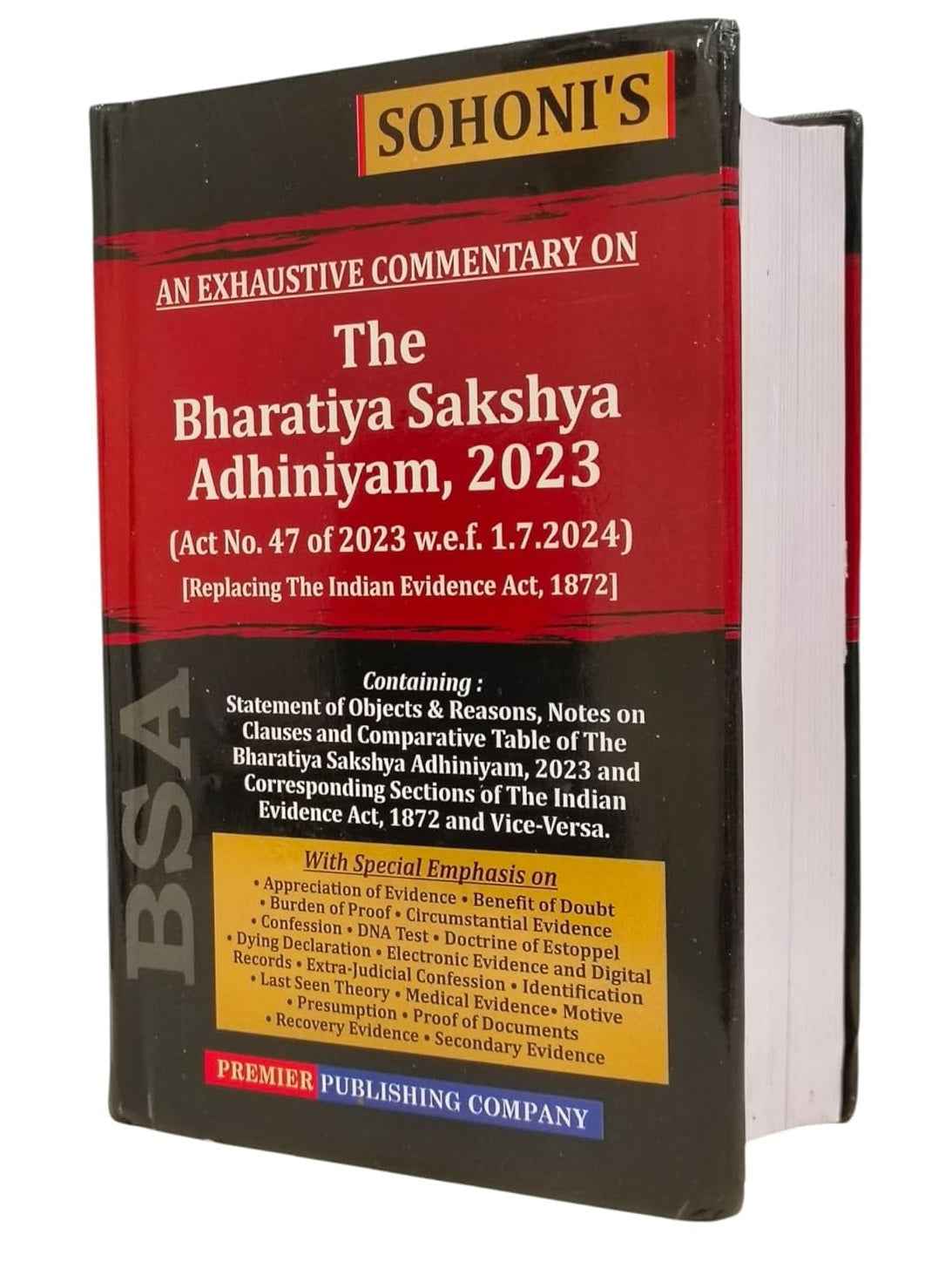 Sohoni's An Exhaustive Commentary on The Bharatiya Sakshya Adhiniyam, 2023 (BSA) - Book By Premier Publishing Company