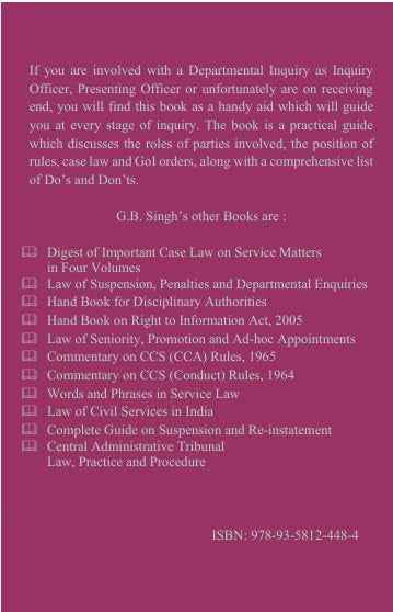 GB Singh's Hand Book For Inquiry Officers, Presenting Officers, and Defence Assistants By G.B. Singh and Gurmeet Singh