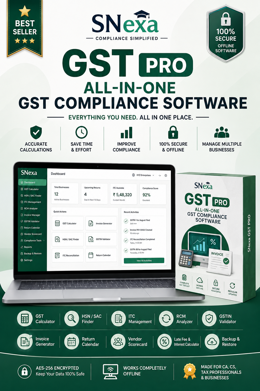 Promotional graphic for SNexa GST Pro All-In-One GST Compliance Software, showing a laptop with the software interface, a software box, feature icons, and multiple marketing badges on a white and dark green background.