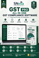 Promotional graphic for SNexa GST Pro All-In-One GST Compliance Software, showing a laptop with the software interface, a software box, feature icons, and multiple marketing badges on a white and dark green background.