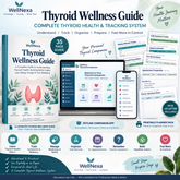 Promotional graphic for the WellNexa Thyroid Wellness Guide, showing a physical book cover, a digital companion app on a tablet, a phone, and several printable worksheet pages arranged on a white background with feature callouts.