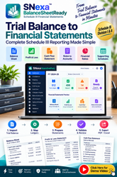 Promotional graphic for SNexa BalanceSheetReady Trial Balance to Financial Statements template, showing a laptop with a spreadsheet interface, feature icons, step-by-step workflow, and a call-to-action button.