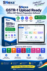 Promotional graphic for SNexa GSTR-1 Upload Ready software, showing a software box, a laptop screen with dashboard interface, and multiple feature icons on a blue gradient background.