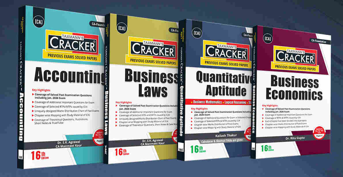 Taxmann Cracker Combo Papers 1 to 4 (Accounts, Law, Maths, LR & Stats, and Economics) Set of 4 Books for CA Foundation