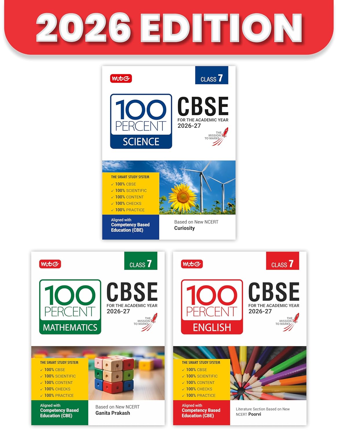100 Percent NCERT & CBSE Science, Mathematics, English Class 7 (Set of 3 Books) Combo By MTG Learning
