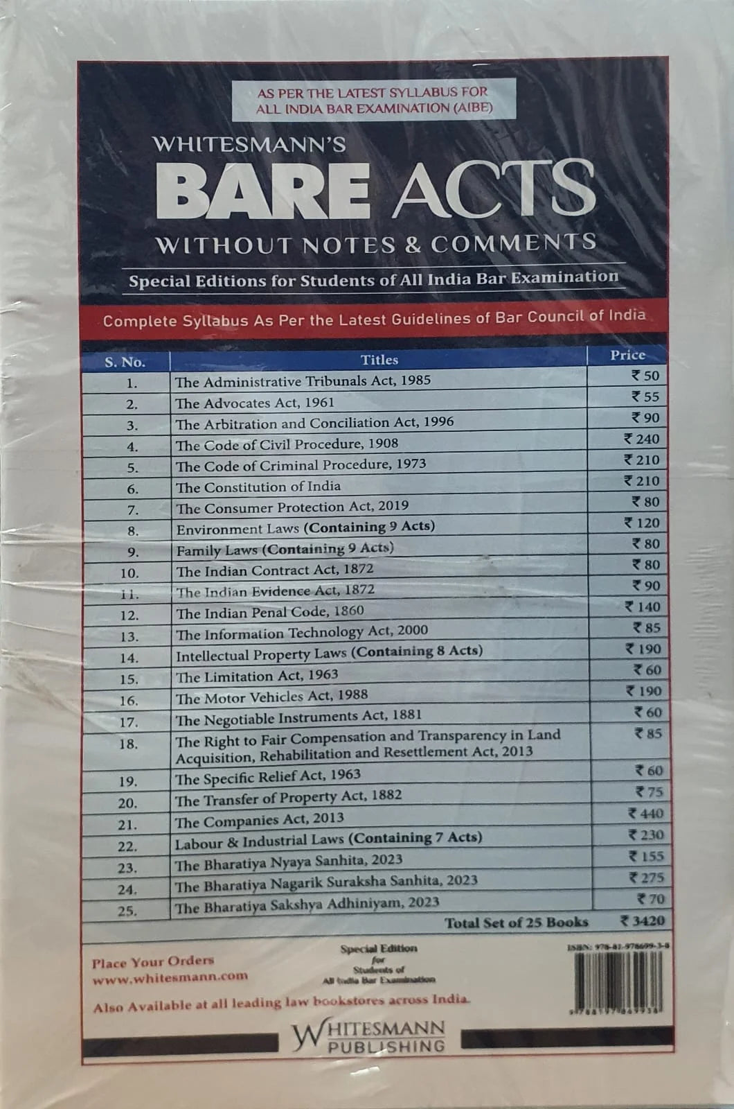 AIBE (All India Bar Examination) Bare Acts Books without notes and comments (Set of 25 Bare Acts) By Whitesmann