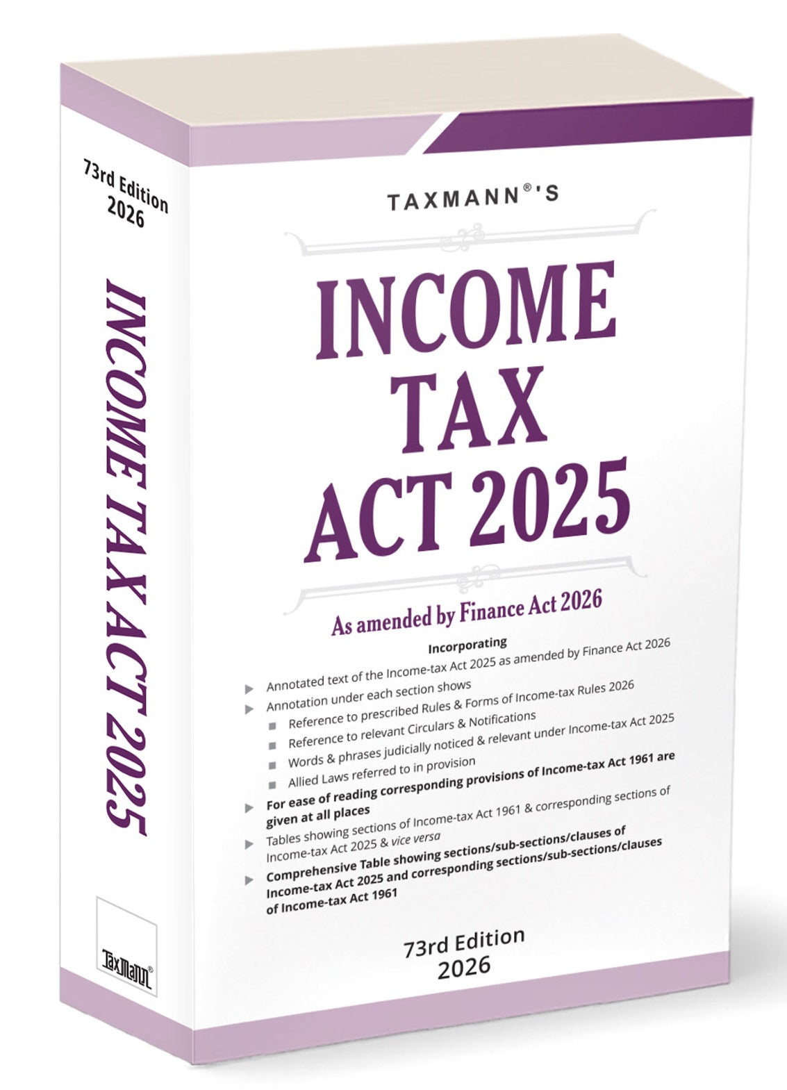 Book titled 'Income Tax Act 2025' by Taxmann on a white background
