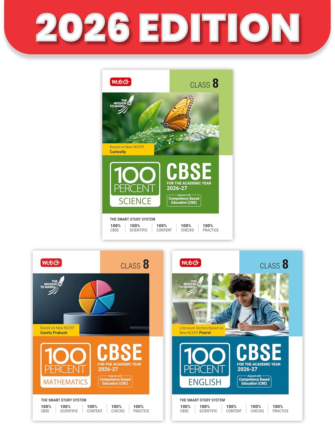 100 Percent NCERT & CBSE Science, Mathematics, English Class 8 (Set of 3) - Books By MTG Learning