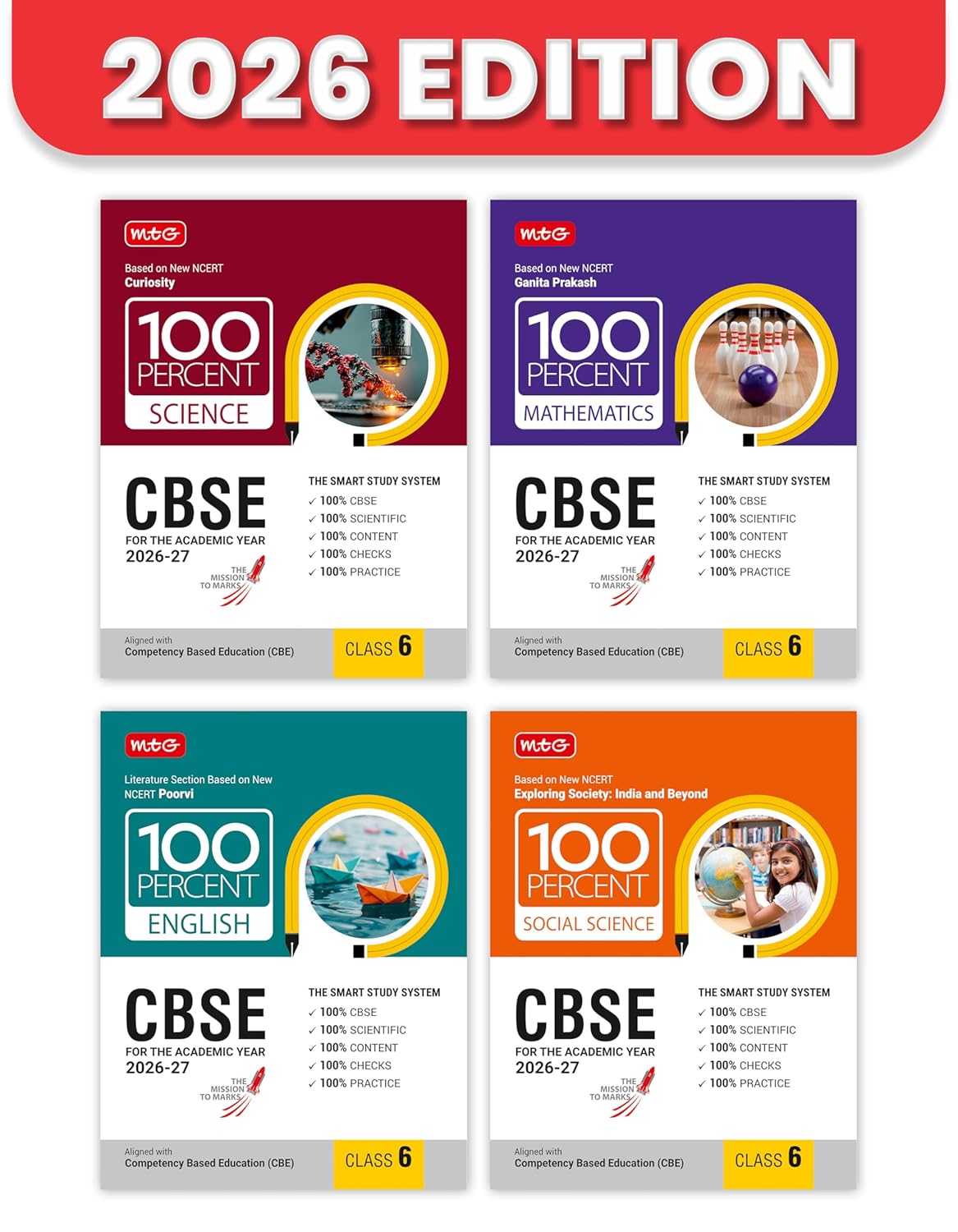100 Percent NCERT & CBSE Science, Mathematics, English & Social-Science Class 6 (Set of 4) - Books By MTG Learning