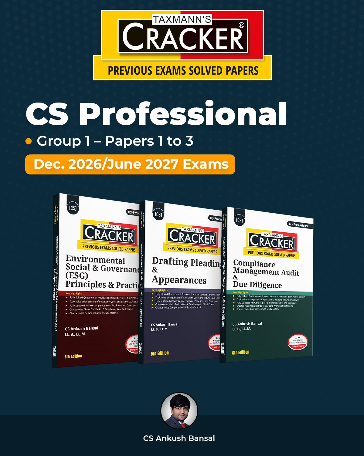 Taxmann Cracker Combo - Papers 1 to 3 CRACKER Series ESG, Drafting/DPA, and CMADD/Due Diligence (Set of 3 Books) for CS Professional by Ankush Bansal