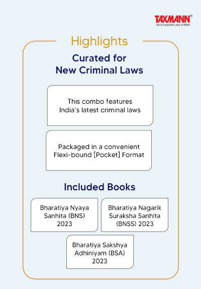 Flexi-bound (Pocket) Edition Combo New Criminal Laws - Bharatiya Nyaya Sanhita (BNS), Bharatiya Nagarik Suraksha Sanhita (BNSS), Bharatiya Sakshya Adhiniyam (BSA) - Set of 3 Books By Taxmann
