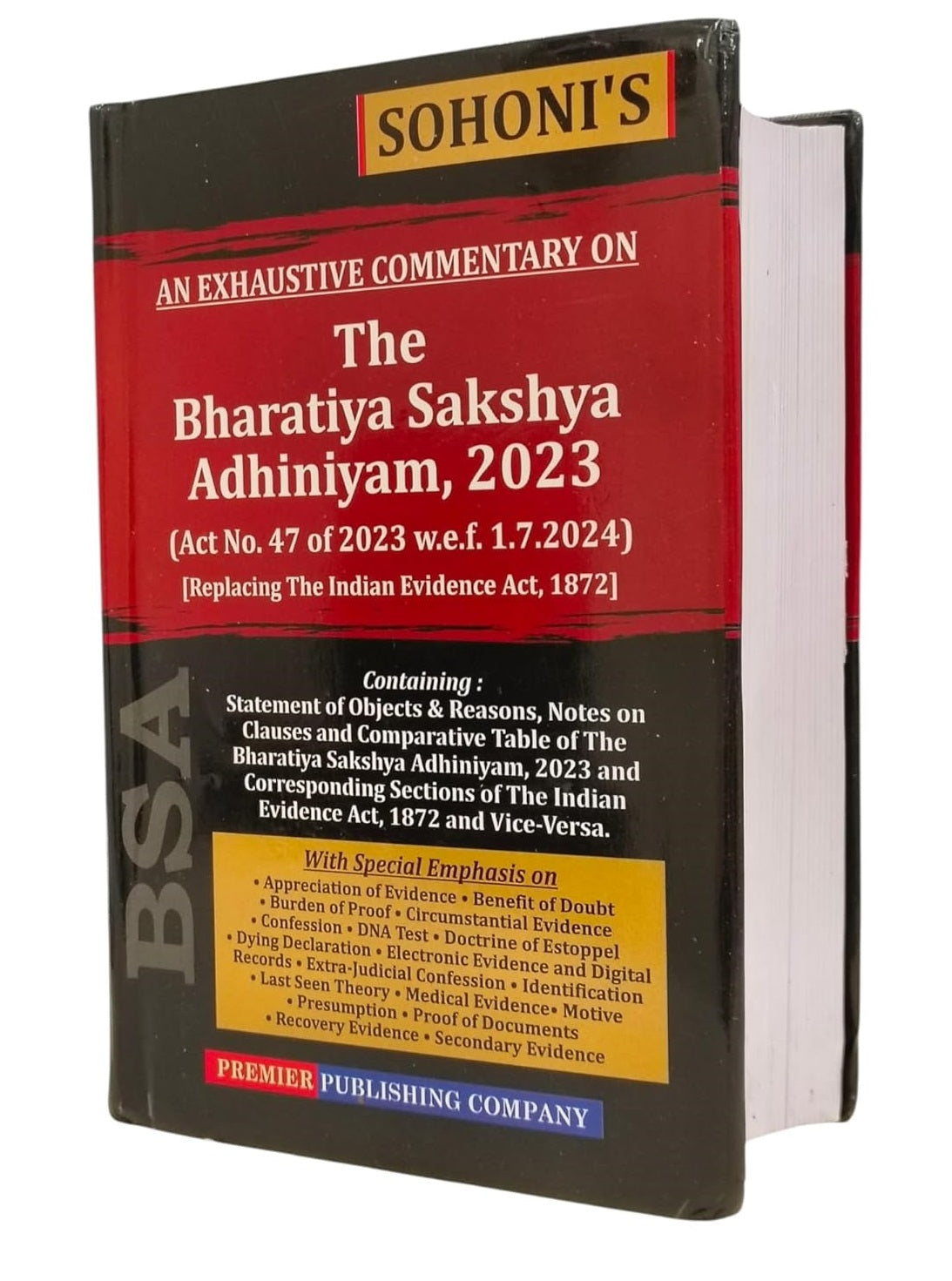 Sohoni's An Exhaustive Commentary on The Bharatiya Sakshya Adhiniyam, 2023 (BSA) - Book By Premier Publishing Company
