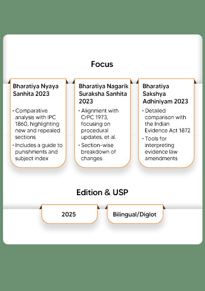 Criminal Laws Combo (Diglot Edition) – Bharatiya Nyaya Sanhita (BNS), Bharatiya Nagarik Suraksha Sanhita (BNSS), Bharatiya Sakshaya Adhiniyam (BSA) - Set of 3 Books By Taxmann