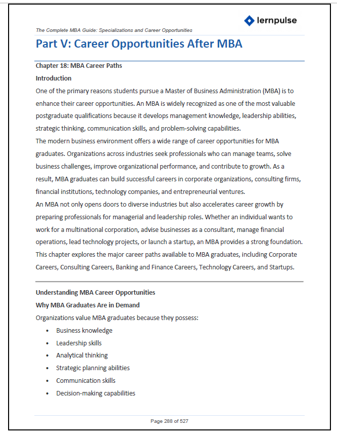 The Complete MBA Guide : Specializations and Career Opportunities - Your Complete Roadmap to MBA Success, Leadership Excellence, and High-Growth Careers - Book By lernpulse
