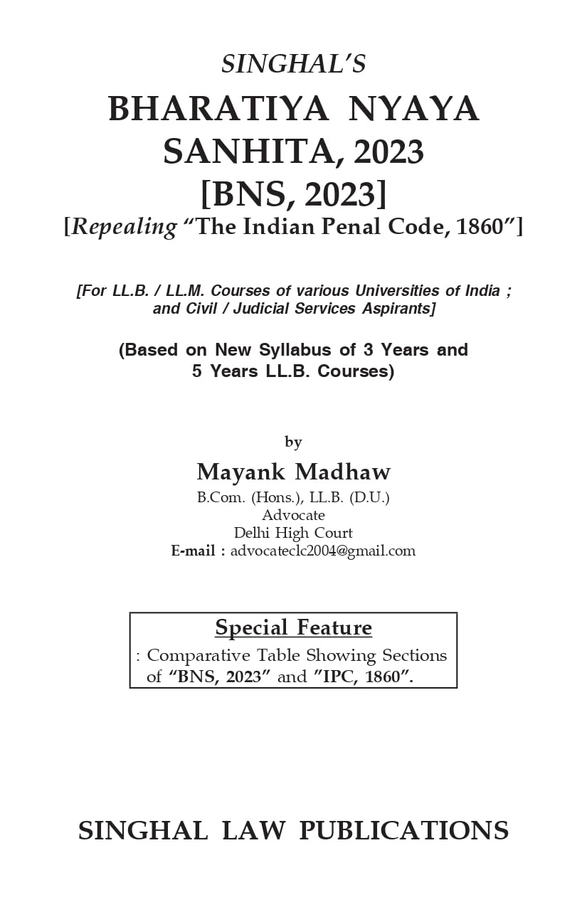Bharatiya Nyaya Sanhita (BNS-2023) Criminal Law I - Book By Singhal Law Publications
