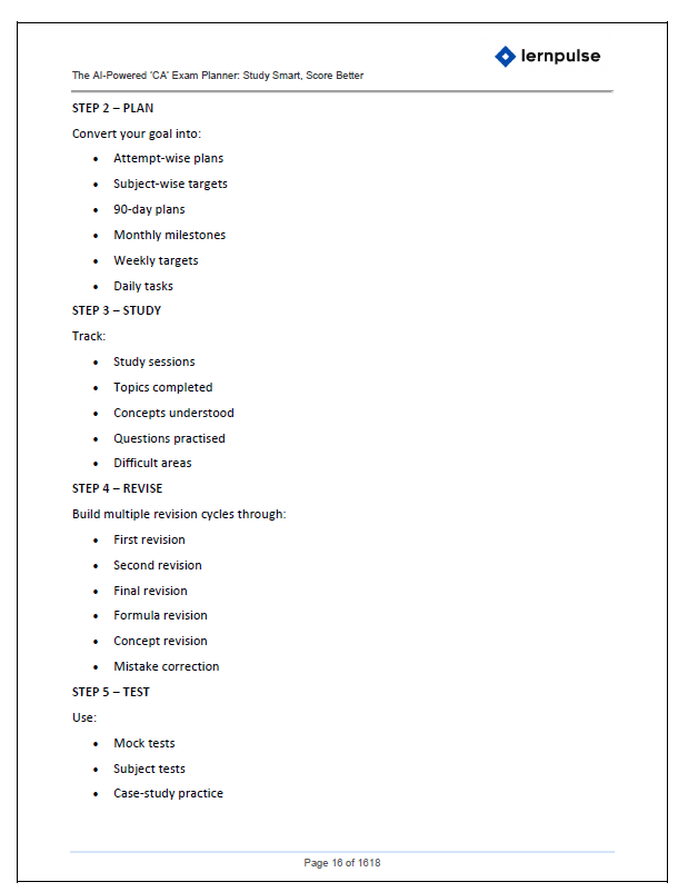 The AI-Powered ‘CA’ Exam Planner: Study Smart, Score Better - A Complete AI-Assisted Study Planner, Revision Tracker, Mock Test System & Performance Dashboard for CA Students - Book By LernPulse