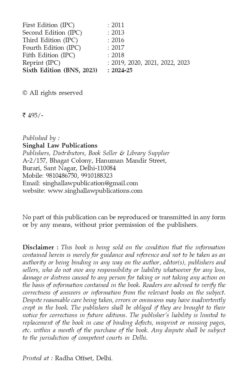 Bharatiya Nyaya Sanhita (BNS-2023) Criminal Law I - Book By Singhal Law Publications