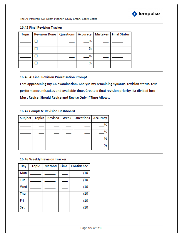 The AI-Powered ‘CA’ Exam Planner: Study Smart, Score Better - A Complete AI-Assisted Study Planner, Revision Tracker, Mock Test System & Performance Dashboard for CA Students - Book By LernPulse