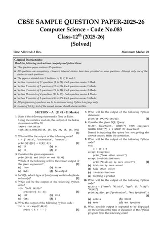 CBSE Question Bank for Class 12 - Computer Science Book - Chapterwise and Topicwise Solved Papers For 2027 Exam By Oswaal Books