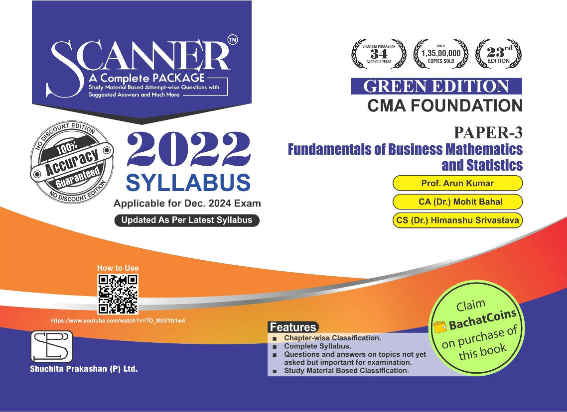 Scanner CMA Foundation (2022 Syllabus) Paper- 3 Fundamentals of Business Mathematics and Statistics Green Edition