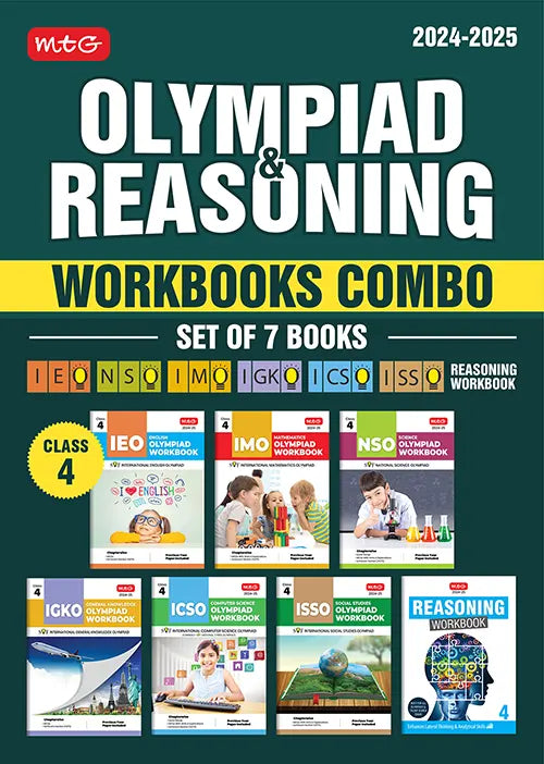 NSO-IMO-IEO-ICSO-IGKO-ISSO Olympiad Workbook and Reasoning Book Combo Class 4 (Set of 7 Books) by MTG Learning