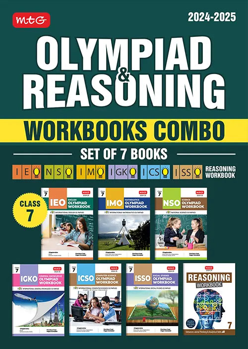 NSO-IMO-IEO-ICSO-IGKO-ISSO Olympiad Workbook and Reasoning Book Combo Class 7 (Set of 7 Books) by MTG Learning