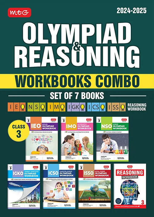 NSO-IMO-IEO-ICSO-IGKO-ISSO Olympiad Workbook and Reasoning Book Combo Class 3 (Set of 7 Books) by MTG Learning