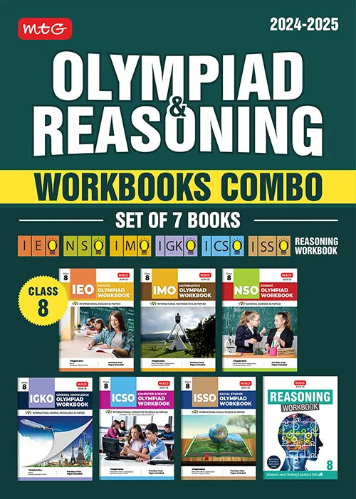 NSO-IMO-IEO-ICSO-IGKO-ISSO Olympiad Workbook and Reasoning Book Combo Class 8 (Set of 7 Books) by MTG Learning