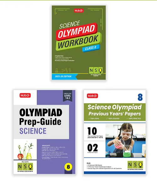 National Science Olympiad (NSO) Workbook, Prep-Guide and Previous Years Papers (PYQs) with Mock Test Paper for Class 8 (Set of 3 Books) by MTG Learning
