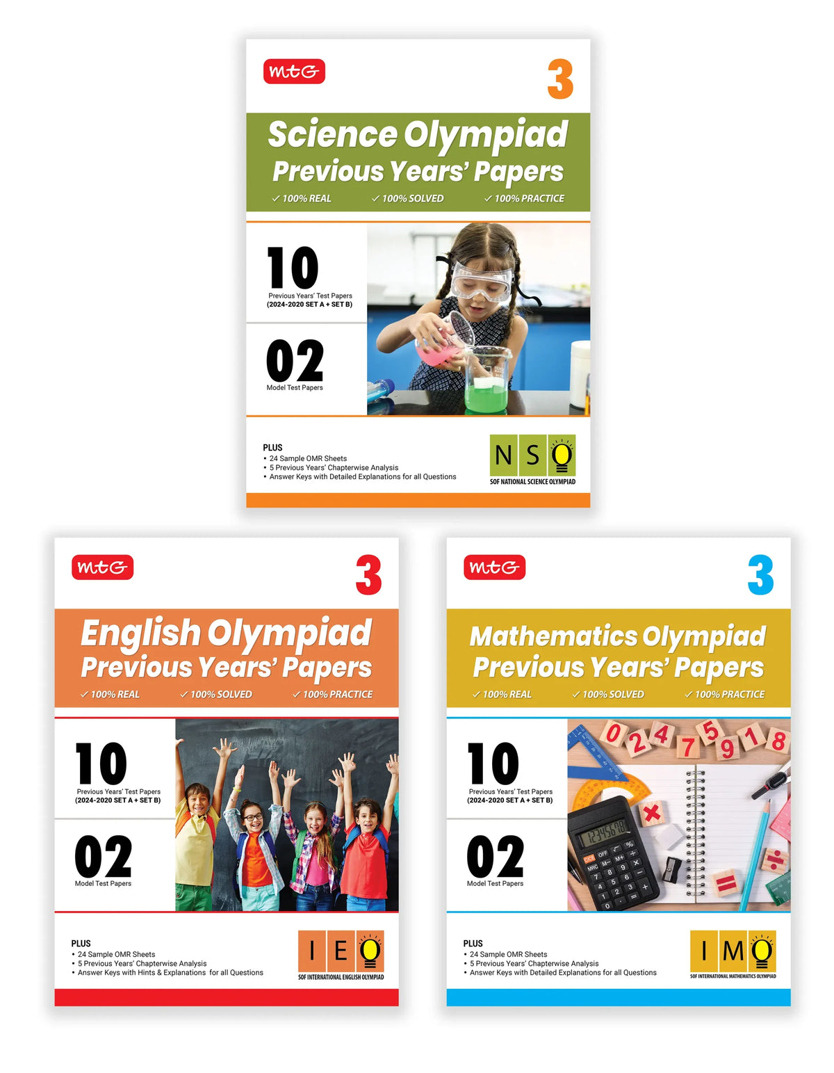 IMO-NSO-IEO Class-3 Olympiad Previous Years Papers (2024-2020) Set A and B) Mathematics, Science and English Combo Pack book by MTG Learning