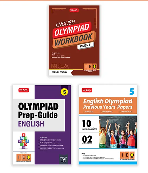 International English Olympiad (IEO) Workbook, Prep-Guide and Previous Years Papers (PYQs) with Mock Test Paper for Class 5 (Set of 3 Books) by MTG Learning
