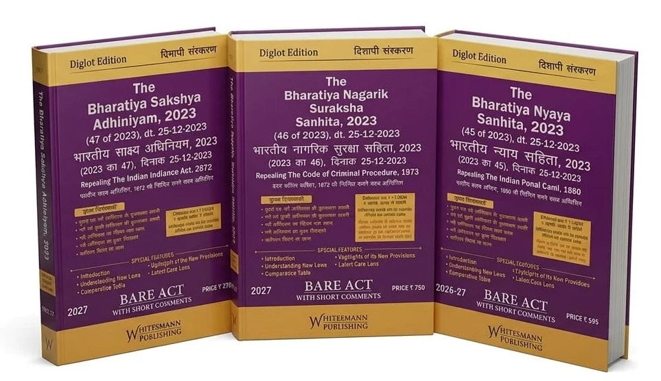 The Complete New Criminal Laws Combo (Set of 3 Bare Acts) Bharatiya Nyaya Sanhita (BNS), Bharatiya Nagarik Suraksha Sanhita (BNSS) & Bharatiya Sakshya Adhiniyam (BSA) Diglot Edition - Books By Whitesmann - BuyTestSeries.in