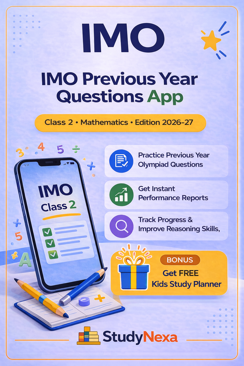 StudyNexa IMO Previous Year Questions App Class 2 | Mathematics Olympiad Practice, Mock Tests, Performance Analysis | Edition 2026–27