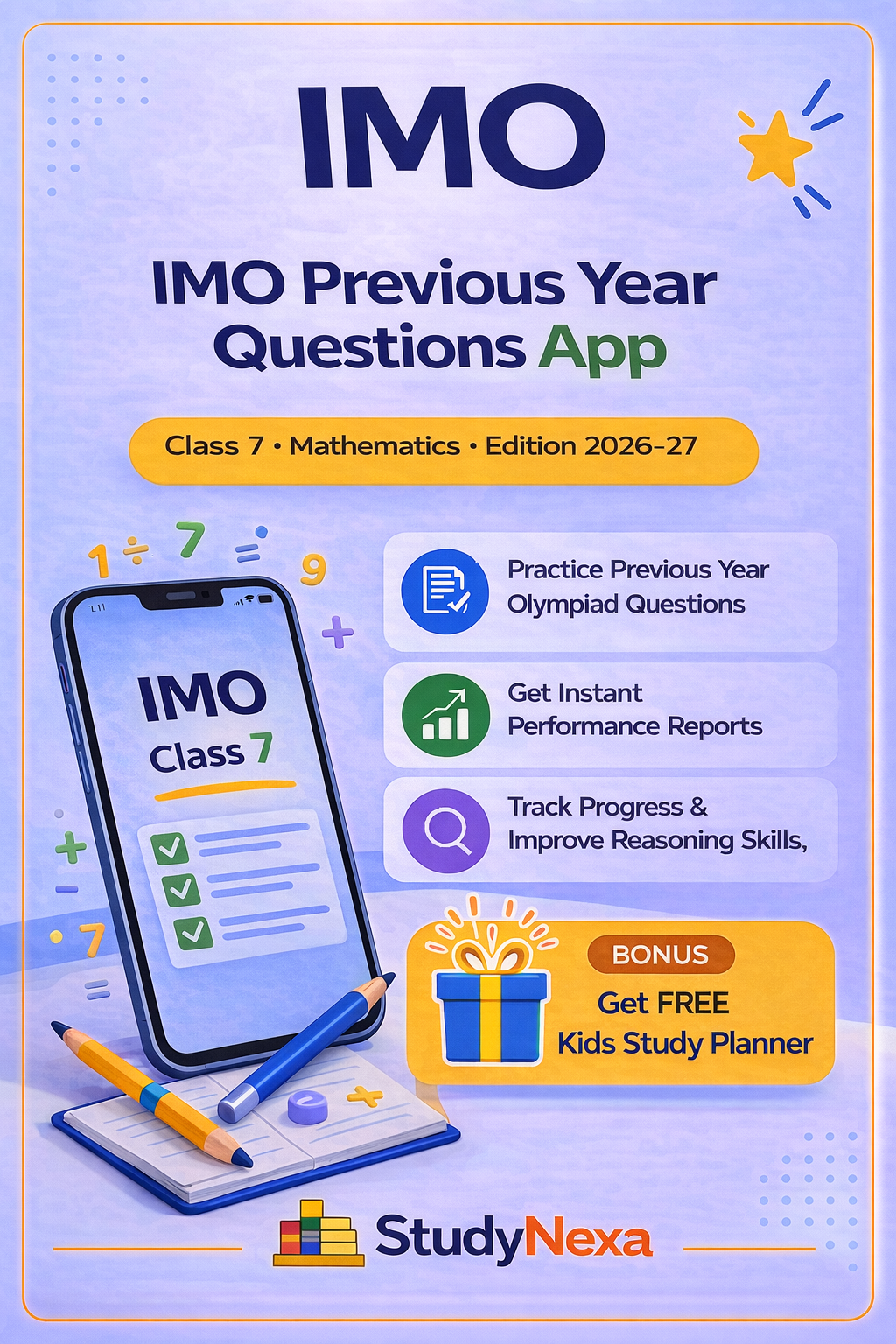 StudyNexa IMO Previous Year Questions App Class 7 | Mathematics Olympiad Practice, Mock Tests, Performance Analysis | Edition 2026–27