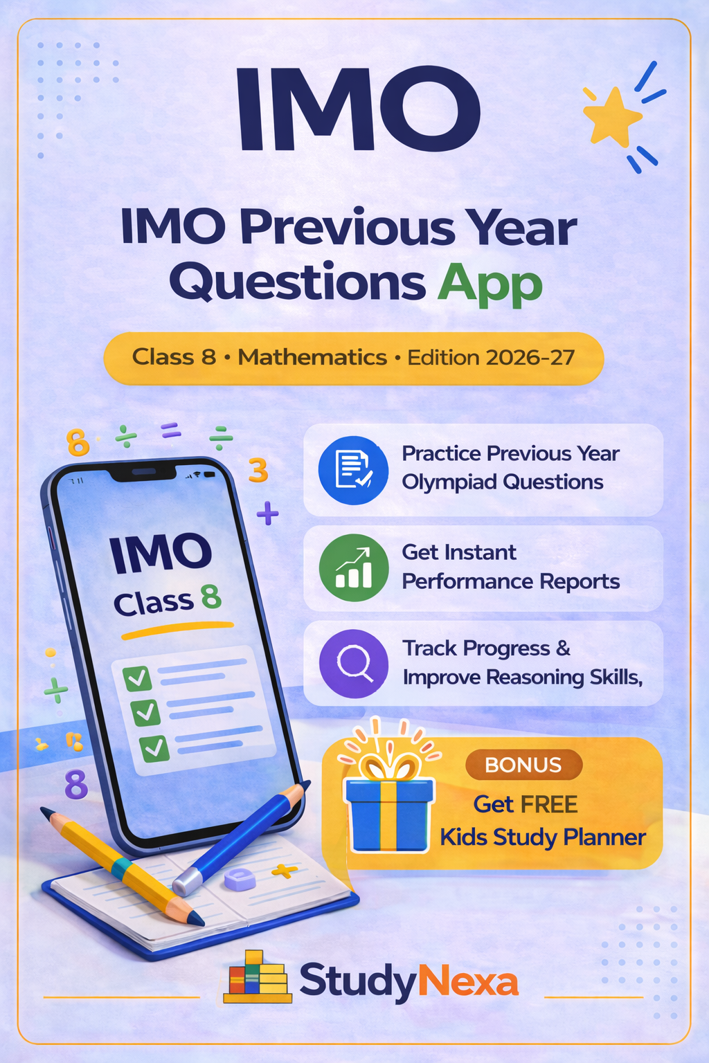 StudyNexa IMO Previous Year Questions App Class 8 | Mathematics Olympiad Practice, Mock Tests, Performance Analysis | Edition 2026–27