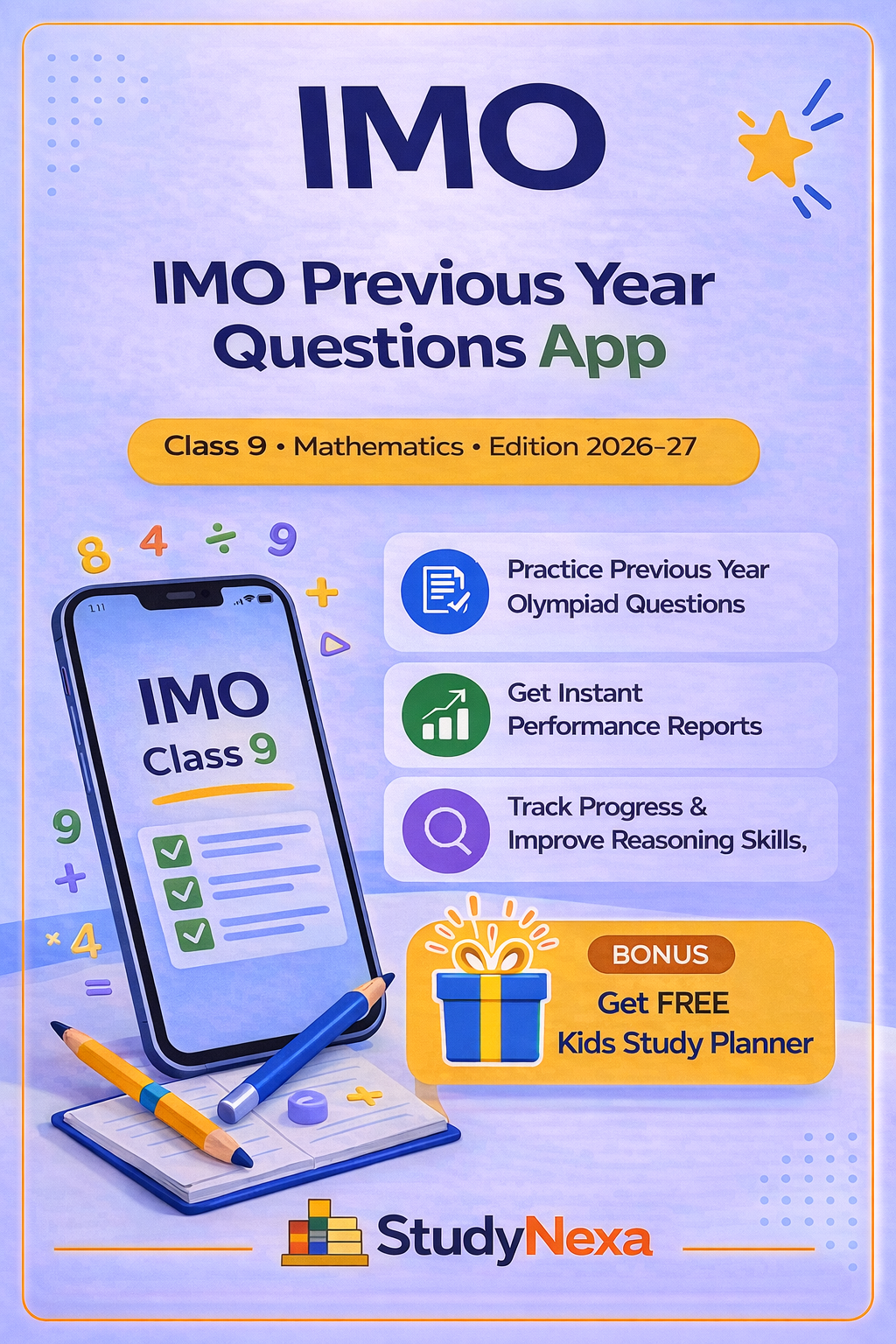 StudyNexa IMO Previous Year Questions App Class 9 | Mathematics Olympiad Practice, Mock Tests, Performance Analysis | Edition 2026–27