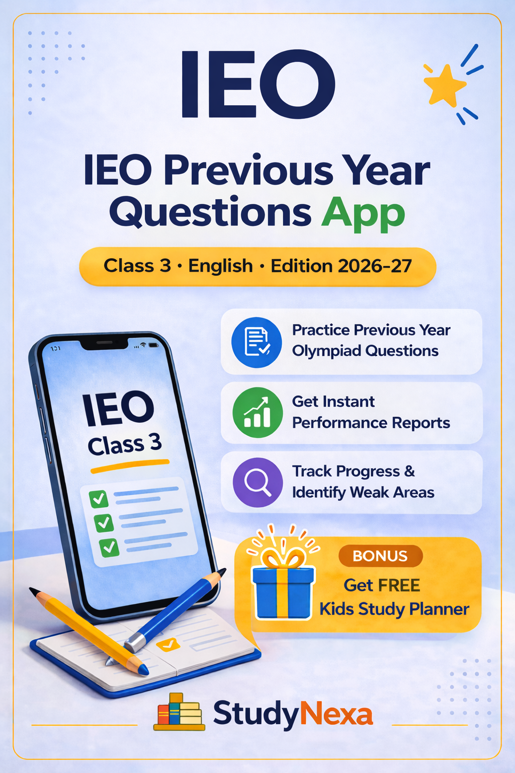 StudyNexa IEO Previous Year Questions App for Class 3 with Progress Report & Performance Analysis | English Olympiad Practice (SOF)