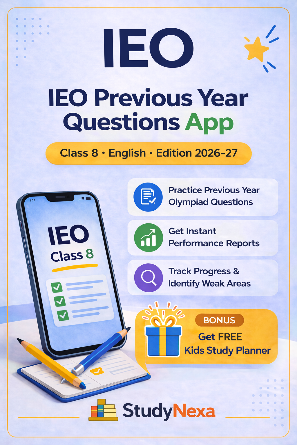StudyNexa IEO Previous Year Questions App for Class 8 with Progress Report & Performance Analysis | English Olympiad Practice (SOF)