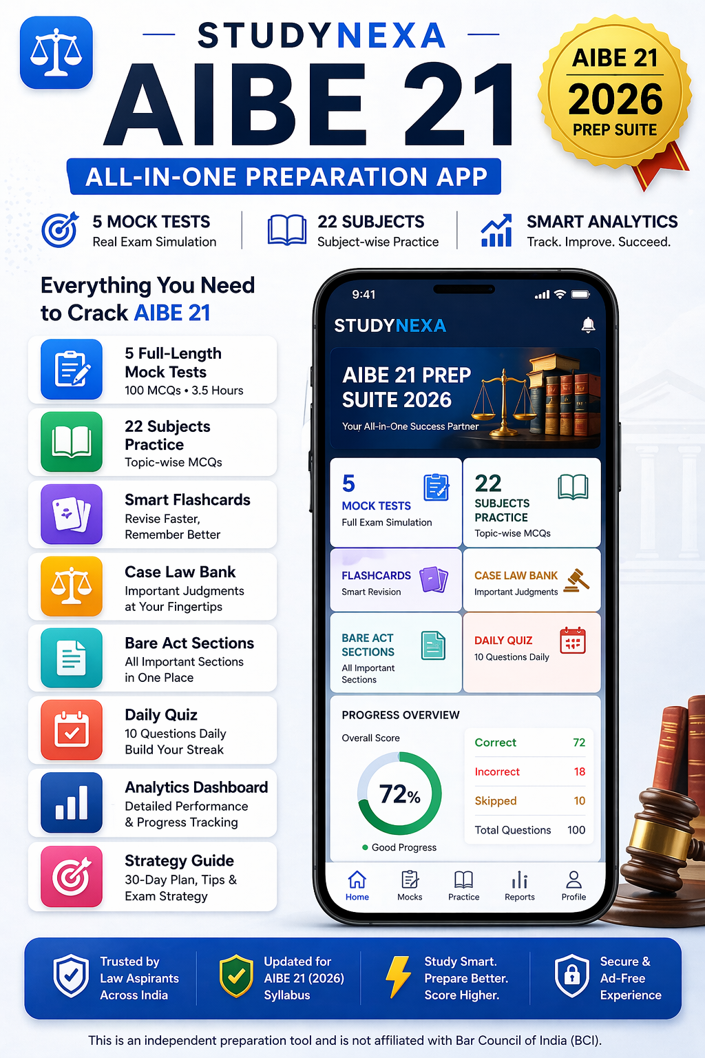 StudyNexa AIBE 21 Prep Suite 2026 | 5 Mock Tests, 22 Subjects Practice, Case Law, Bare Act Sections, Daily Quiz & Analytics | All-in-One AIBE Exam Preparation App