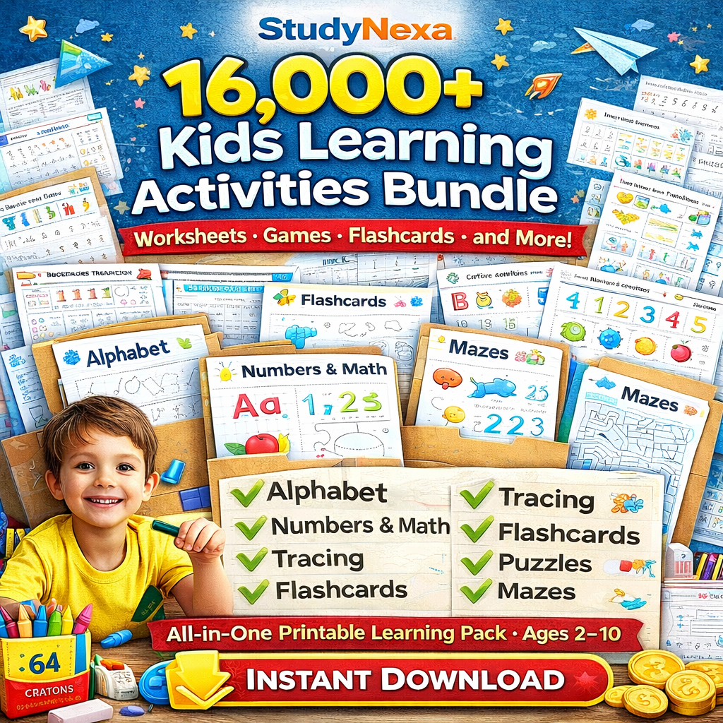 StudyNexa 16000+ Kids Learning Activities Bundle 🎯 | Worksheets, Games, Flashcards & Printable Learning Pack
