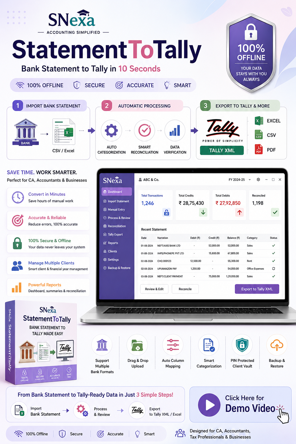 SNexa StatementToTally Pro – Bank Statement to Tally XML & Excel Software