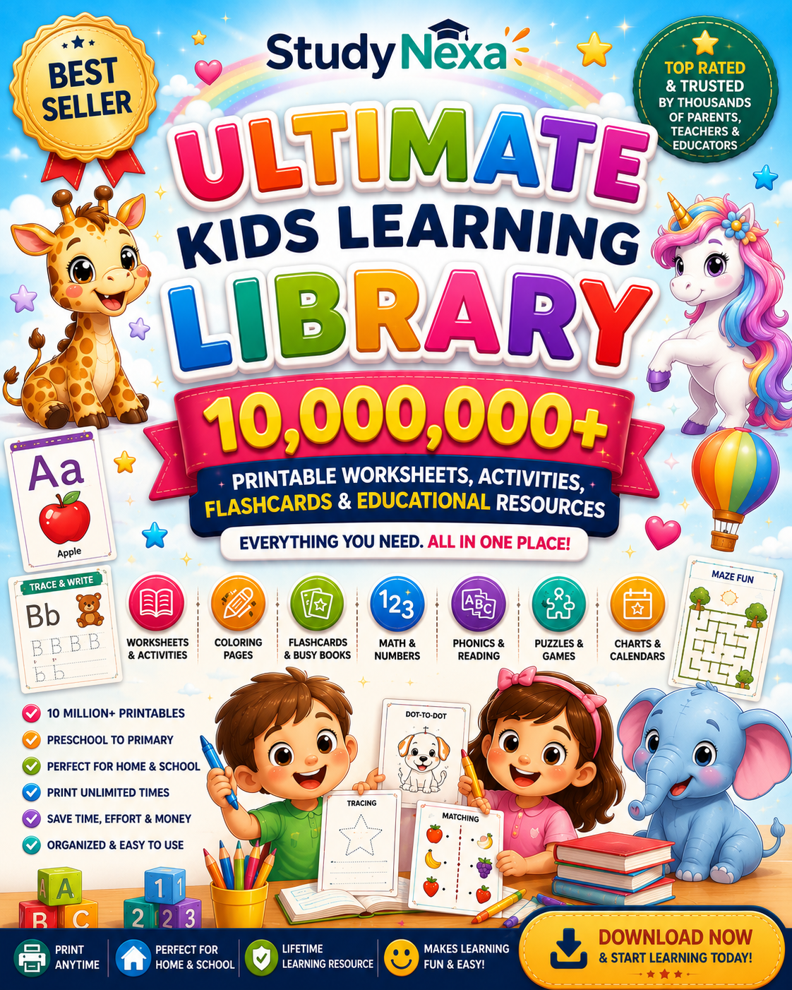 StudyNexa Mega Kids Printables Bundle – 10 Million+ Educational Worksheets, Flashcards, Activities & Coloring Pages