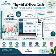 Promotional graphic for the WellNexa Thyroid Wellness Guide, showing a physical book cover, a digital companion app on a tablet, a phone, and several printable worksheet pages arranged on a white background with feature callouts.