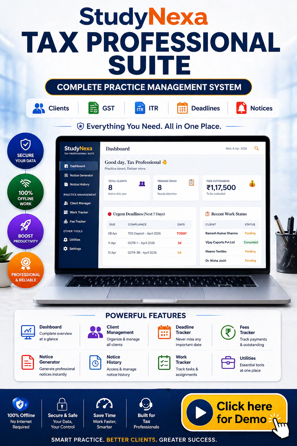 StudyNexa Tax Professional Suite 🎯 | All-in-One Practice Management System (Clients, GST, ITR, Deadlines, Notices)
