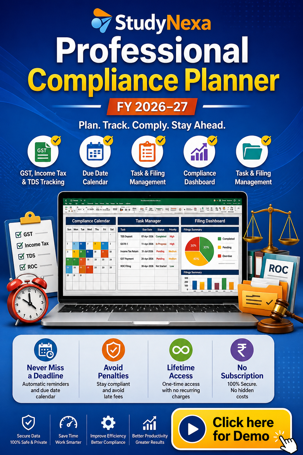 StudyNexa Professional Compliance Planner FY 2026–27 – GST, Income Tax, TDS & ROC Tracker | Due Date Calendar & Filing System | Lifetime Access