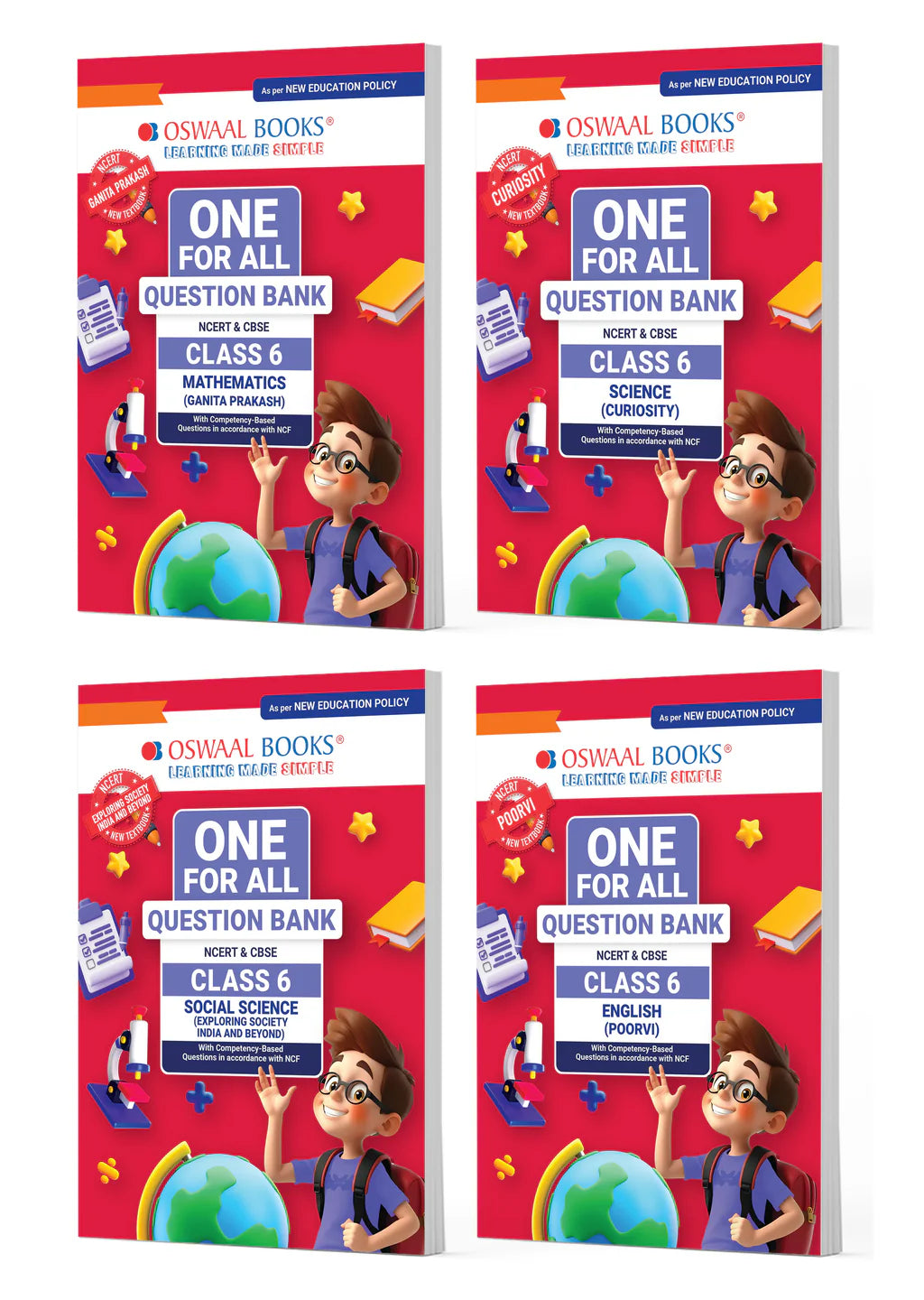 One For All Question Banks NCERT & CBSE for Class 6 (Math, English, Science, Social Science) Set of 4 Books by Oswaal Books