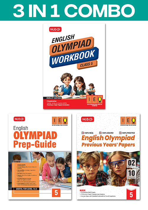Class 5 International English Olympiad (IEO) Workbook, Prep-Guide and Previous Years Papers (PYQs) - Books (3 IN 1 COMBO) By MTG Learning